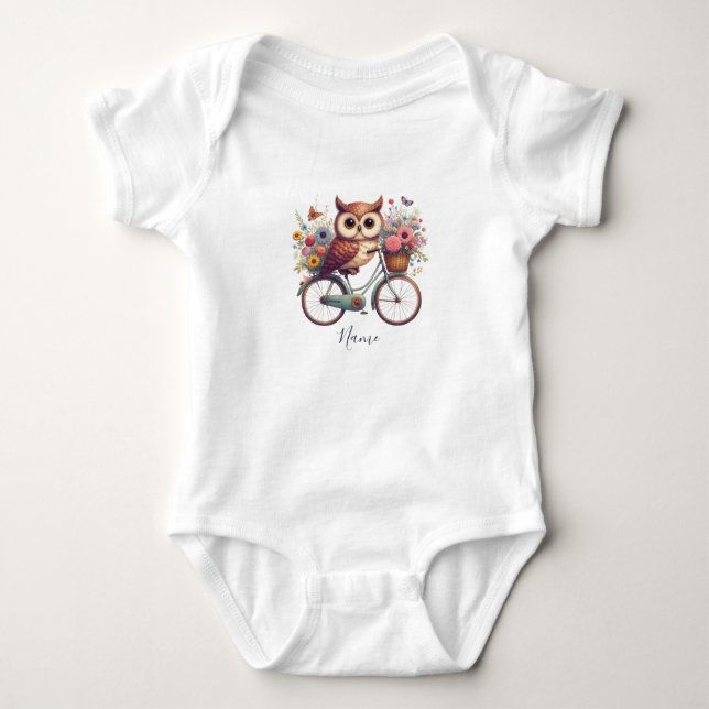 Blommig cykel uggla baby bodysuit t shirt (Framsida)