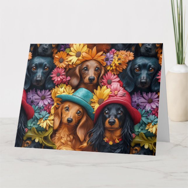 Blommig Dachshund Sömlös Mönster - Hundälskare Kort (Framsida)