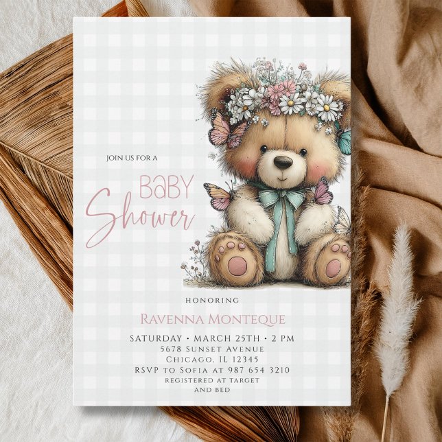 Blommig Daisy Teddy Buffalo Randig Flick Babyfiran Inbjudningar (Skapare uppladdad)