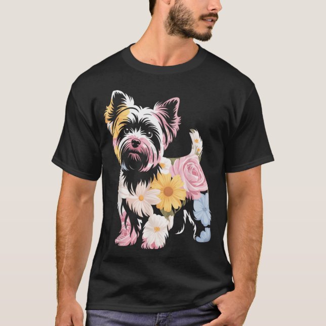 Blommig Dam Cute Yorkie Hund Mamma T Shirt (Framsida)