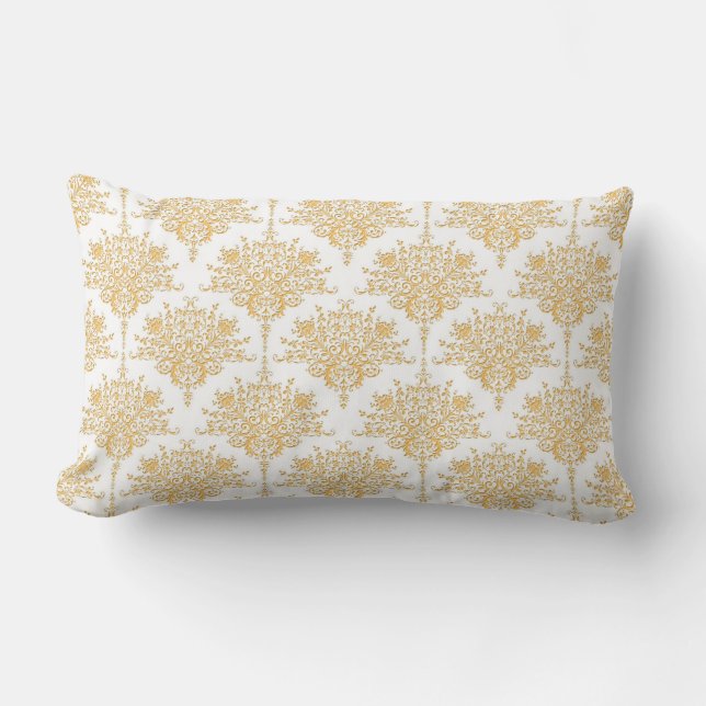 Blommig Damask i gul guld och vit Lumbarkudde (Framsida)