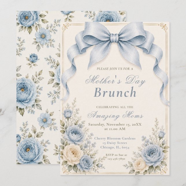 Blommig dammig blå Coquette-slöja Mors dag Brunch Inbjudningar (Fram/baksida)