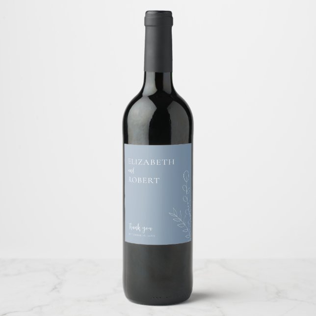 Blommig dammig blå elegant minimalistisk bröllop vinflaska etikett (Framsida)