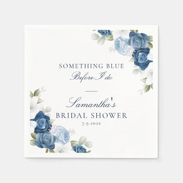 Blommig dammig blå före jag gör bröllopsfest pappe pappersservett (Framsidan)