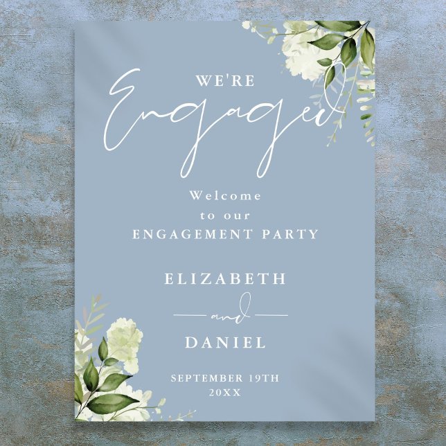 Blommig dammig blå förlovningsfest välkomstskylt poster (Floral Dusty Blue Engagement Party Welcome Sign)