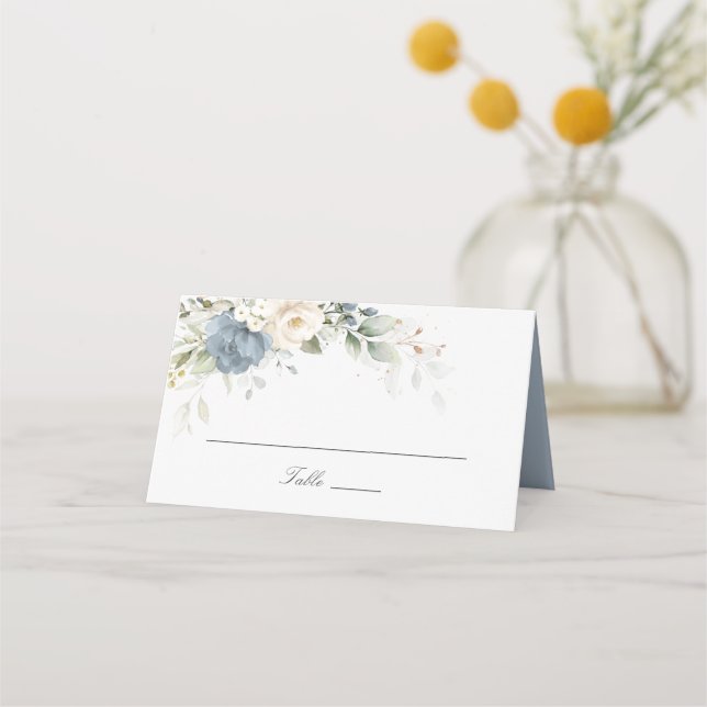 Blommig dammig blå grönska elegant bröllop placeringskort (Framsida)
