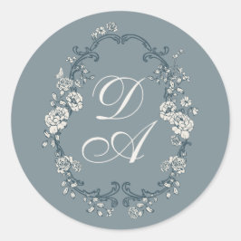Blommig dammig blå monogram runt klistermärke