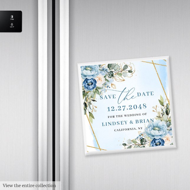 Blommig dammig blå peonior guldglitter datum magne magnet (Floral Dusty Blue Peonies Gold Glitter Date Magnet

)