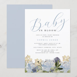 Blommig dammig blå pojke baby i blom Baby shower Inbjudningar