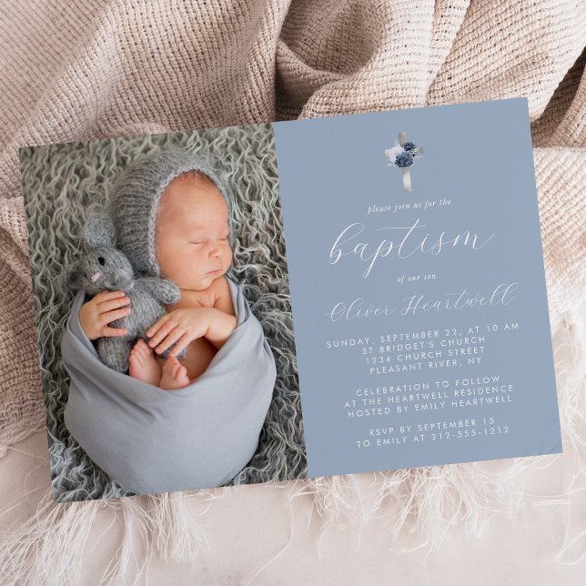 Blommig dammig blå silverkors fotografering pojkar inbjudningar (Skapare uppladdad)