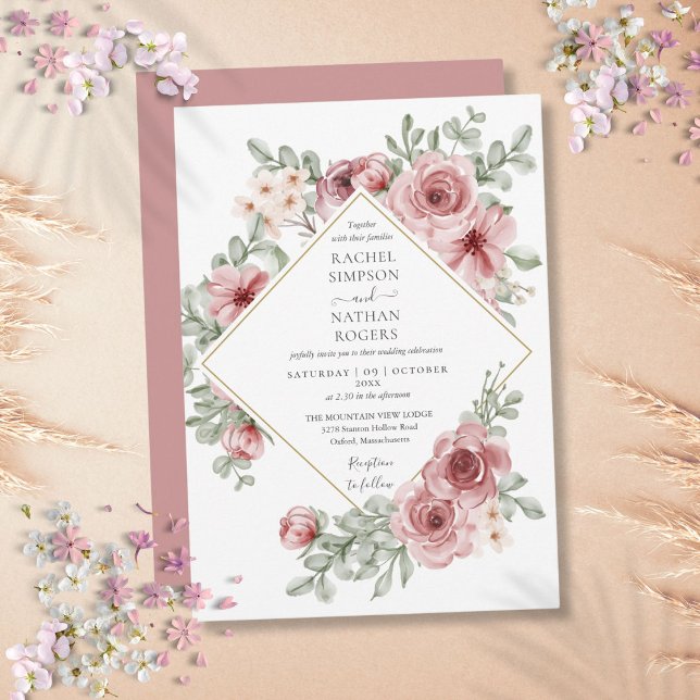 Blommig Dammig Rosa Guld Geometrisk Bröllop Inbjudningar (Floral Dusty Rose Gold Geometric Wedding Invitation)