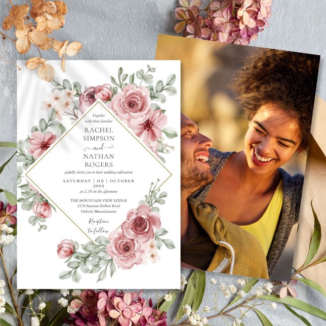 Blommig dammig rosa guld geometrisk bröllopsfoto inbjudningar (Floral Dusty Rose Gold Geometric Wedding Photo Invitation)