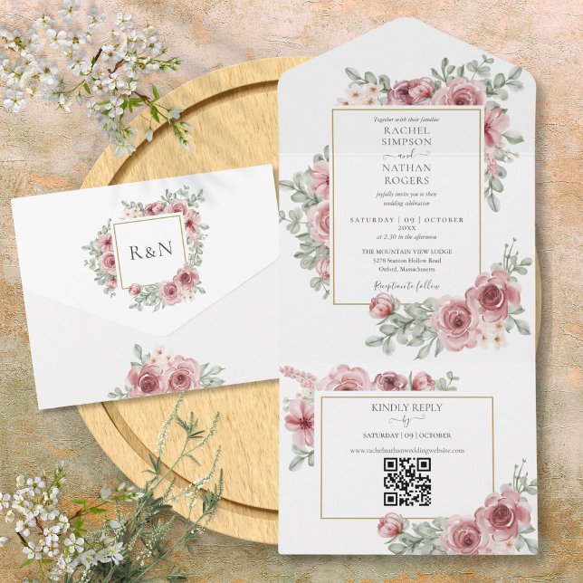 Blommig dammig rosa QR-kod bröllop (Floral Dusty Rose QR Code Wedding All In One Invitation)