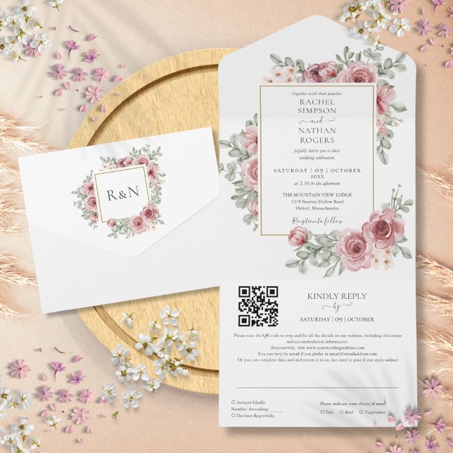 Blommig dammig roséguld geometrisk QR-kod bröllop (Floral Dusty Rose Gold Geometric QR Code Wedding All In One Invitation)
