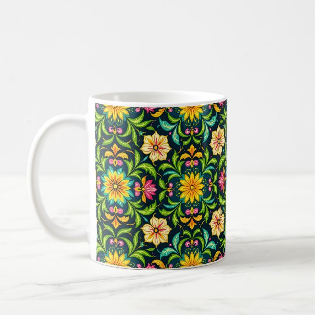 Blommig dekorativt mönster i livfulla färger kaffemugg (Vänster)