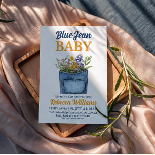 Blommig Denim Ficka Gul Blå Jean Babyfirande Inbjudningar
