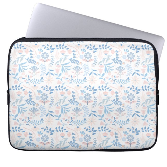 Blommig design boho blocktryck blå rosa flickig laptop fodral (Framsidan)