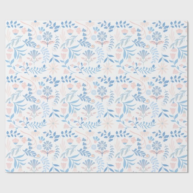 Blommig design boho blocktryck blå rosa flickig presentpapper (Platt)
