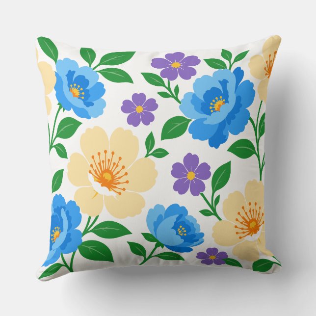 Blommig design med blåa, krämfärgade och lila blom kudde (Baksida)