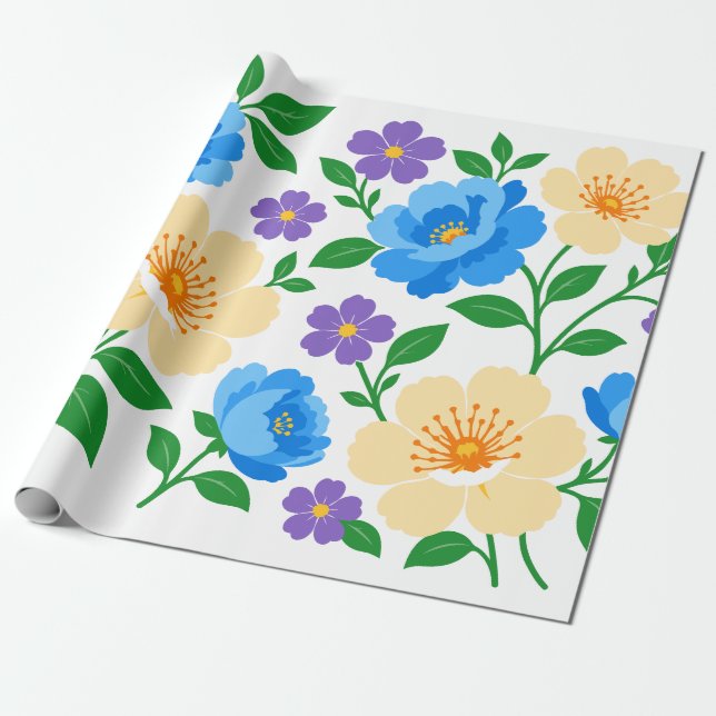 Blommig design med blåa, krämfärgade och lila blom presentpapper (Utrullad)
