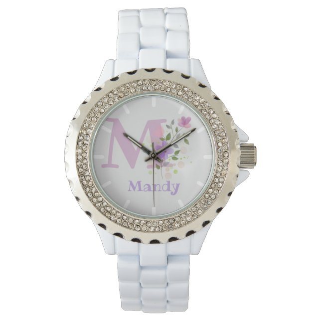 Blommig design med namnet Mandy & initial på en Armbandsur (Framsida)