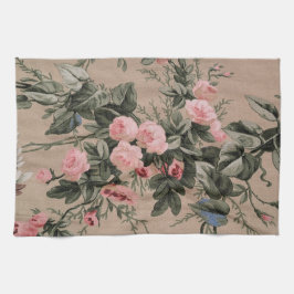 Blommig design rosa och taupe kökshandduk