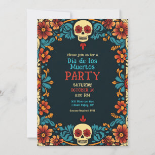 💀 Blommig Día de Muertos-fest-inbjudan Inbjudningar