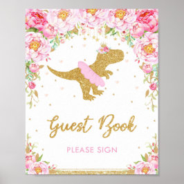 Blommig dinosaurie födelsedagsfest T-Rex gästbok Poster