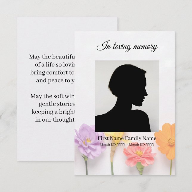 Blommig dödsannons kort (Fram/baksida)