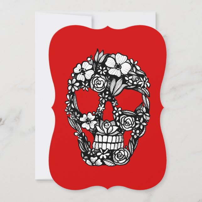 blommig dödskalle blommor invecklad gotisk svart inbjudningar (Framsida)