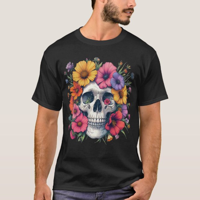 Blommig Dödskalle Estetik  T Shirt (Framsida)