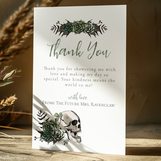 Blommig dödskalle Gröna rosor gotisk bröllopsdusch Tack Kort (Elegant Irish Gothic Thank You Card for Bridal Shower or St. Patrick's Day. Hand Drawn Skull & Roses)