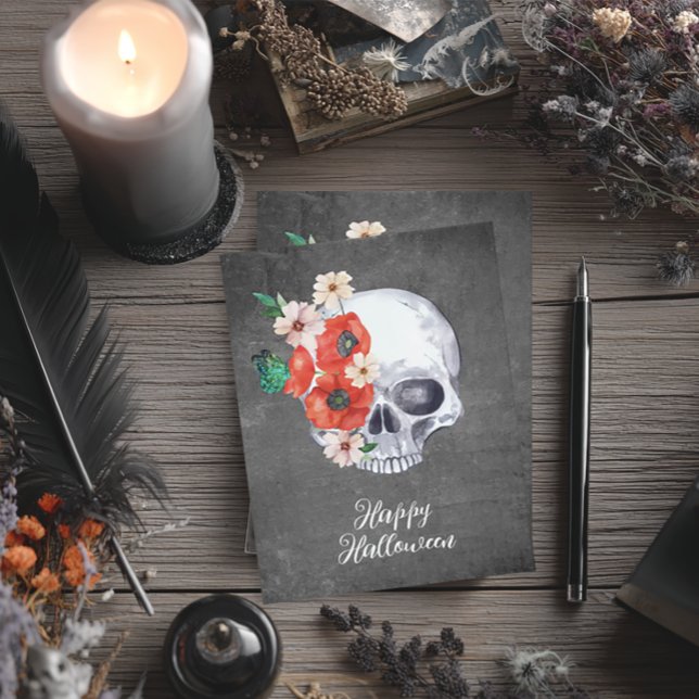 Blommig Dödskalle Halloween Kort (Boho Floral Skull Halloween Card)