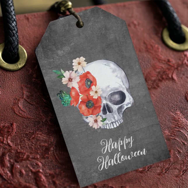 Blommig Dödskalle Halloween Presentetikett (Boho Floral Skull Gift Tag)