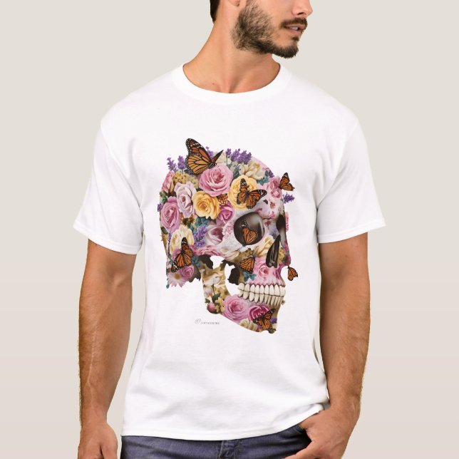 Blommig dödskalle och monarkfjärilar Konstnärlig T Shirt (Framsida)