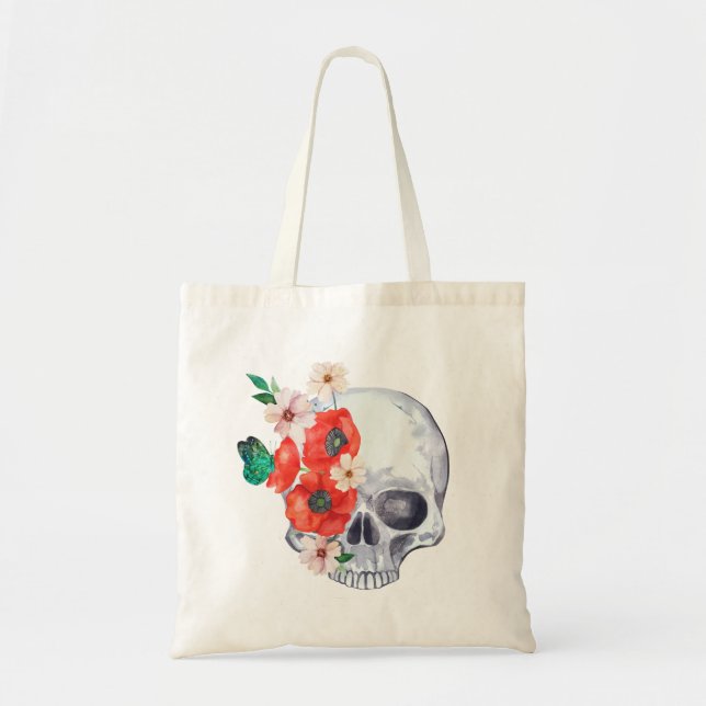 Blommig dödskalletotebag tygkasse (Framsidan)