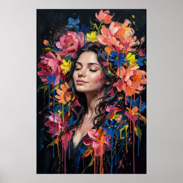 Blommig Drip Art Porträtt Livlig Kvinna Affisch