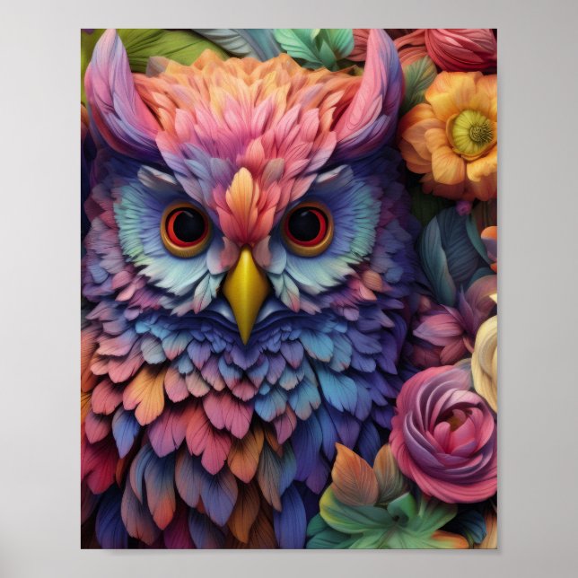 Blommig Drömuggla – Färgrik Fantasifågelkonst Poster (Framsidan)