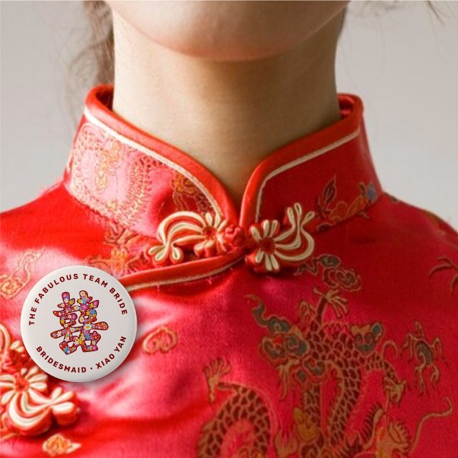 Blommig Dubbel Lycka Kinesiskt Bröllops Namnskylt Knapp (Spring Flowers Double Happiness Floral Chinese Wedding Name Tag Pinback Button @ fat_fa_tin)