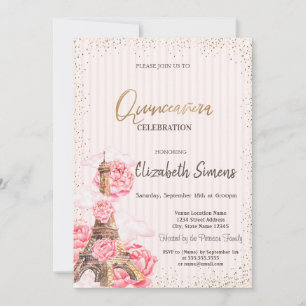 Blommig Eiffeltorn Konfetti Randig Quinceañera Inbjudningar