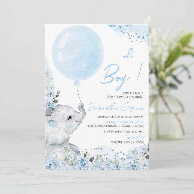 Blommig Elefant Baby Shower Inbjudan (Stående Fram)
