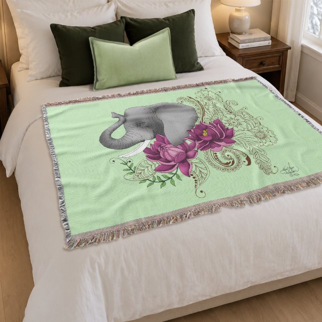 Blommig Elefant Rosa Lotus Henna Mandala Grön Filt (Skapare uppladdad)