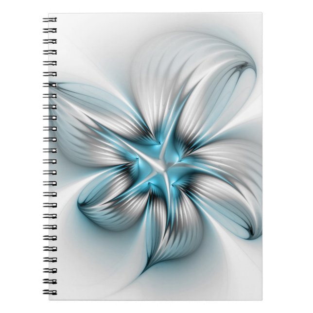 Blommig Elegans Modern Abstrakt Blå Fraktal Konst Anteckningsbok (Framsidan)