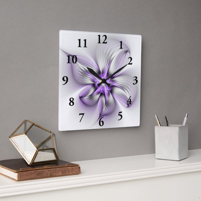 Blommig Elegans Modern Abstrakt Violett Fraktal Ko Fyrkantig Klocka (Kontor)