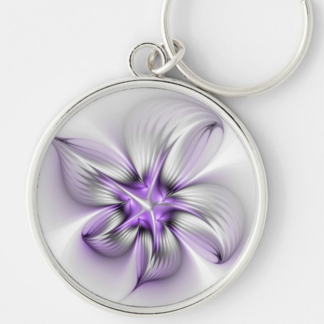 Blommig elegans modern abstrakt violett fraktal ko rund silverfärgad nyckelring (Framsidan)