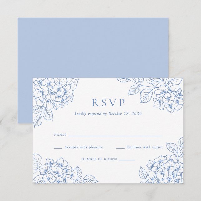 Blommig Elegant Blå Hortensia Bröllop RSVP Inbjudningar (Fram/baksida)
