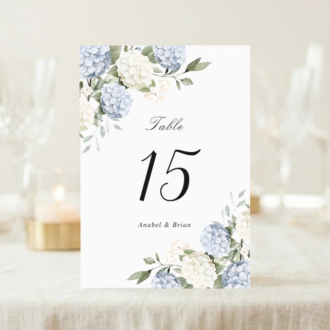 Blommig Elegant Blå Hortensia Grönska Bröllop Bordsnummer (Skapare uppladdad)