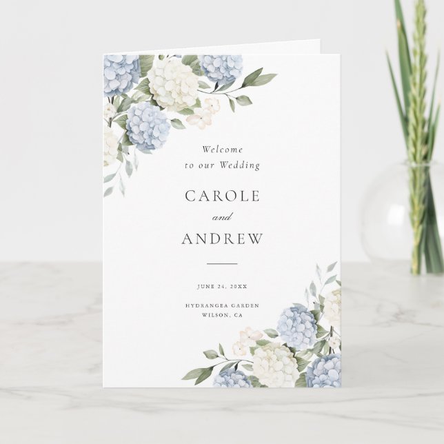 Blommig Elegant Blå Hortensia Vikter Bröllop Program (Framsida)