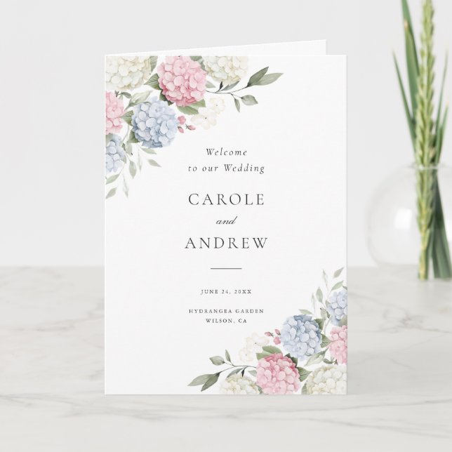Blommig Elegant Blå Rosa Hydrangea Vikt Bröllop Program (Framsida)
