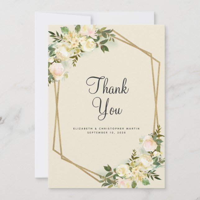 Blommig Elegant Bröllop Guld Ram Ros Vattenfärg Tack Kort (Framsida)